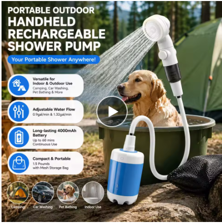 Portable Rechargeable Camping Shower – USB Outdoor Shower Pump for Camping, Pets & Car Washing