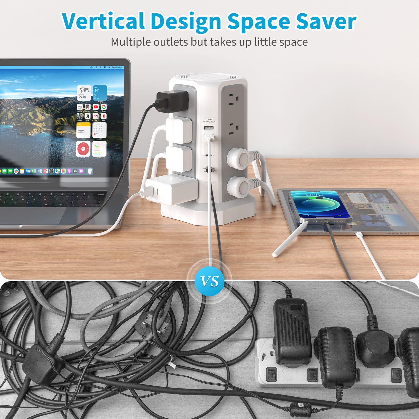 3m Extension Tower Plug, US 4-Layer with PD Fast Charging