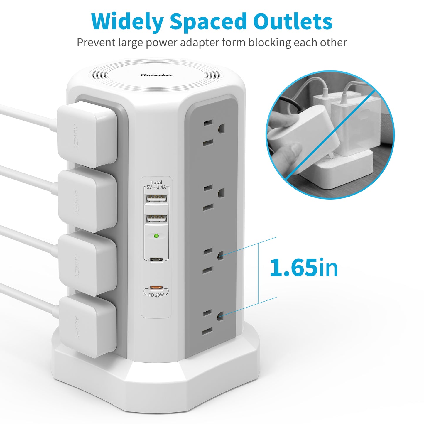 3m Extension Tower Plug, US 4-Layer with PD Fast Charging