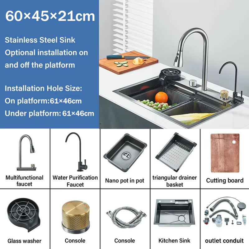 Stainless Steel Waterfall Kitchen Sink - Large Single Basin