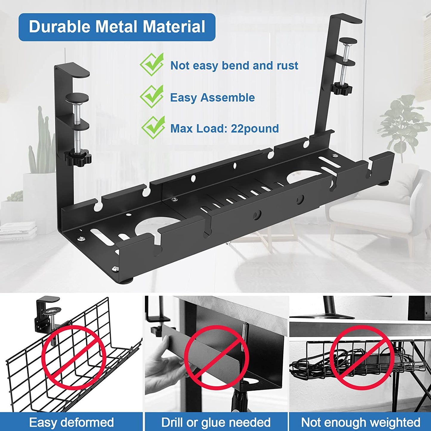 Home Office Desk Organizer - Metal Cable Management Tray