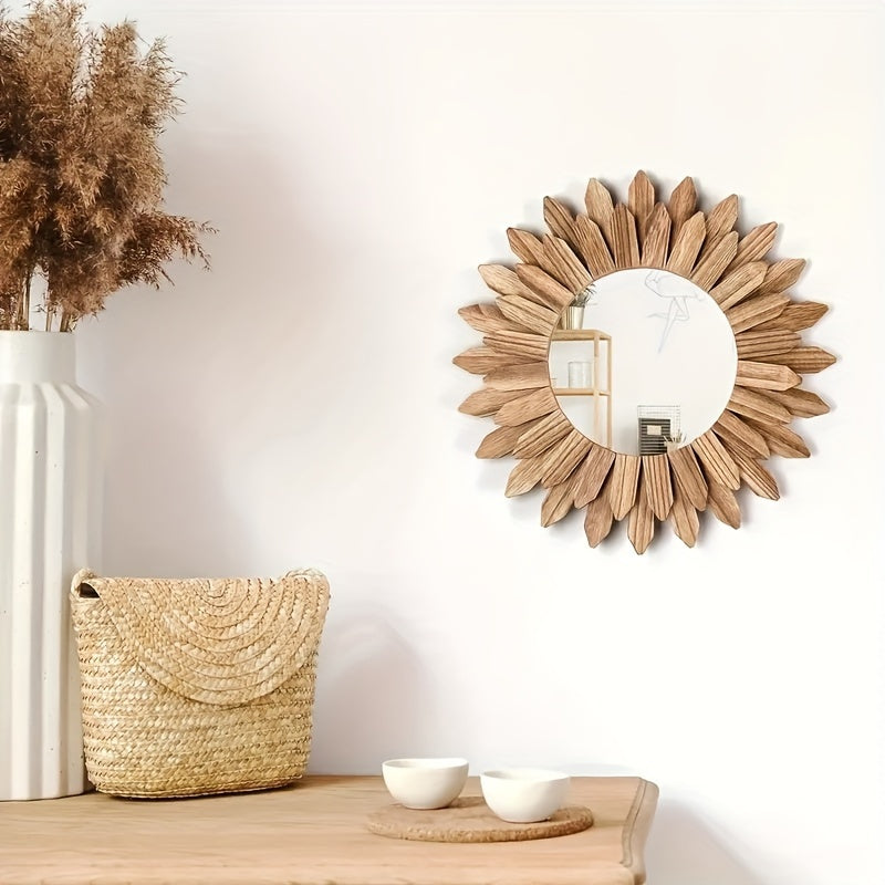 Bohemian Sunflower Wall Mirror - Wooden Decorative Art Piece