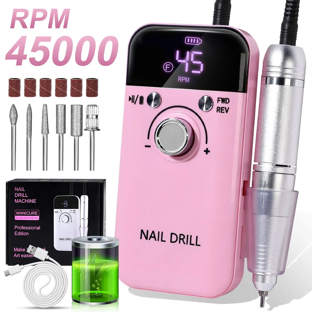 Nail Drill 45000 RPM Rechargeable Electric File for Acrylic Gel