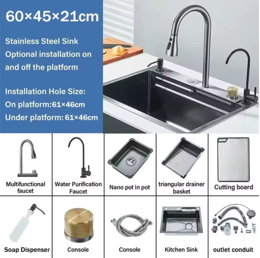 Stainless Steel Waterfall Kitchen Sink - Large Single Basin