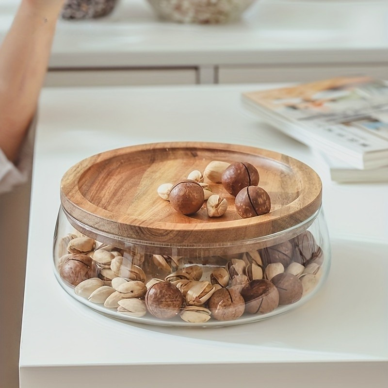 Wooden Tray Glass Bowl: Double Layer Candy & Nut Jar
