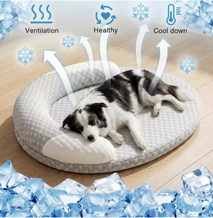 Cooling Pet Bed with Bolster Pillow – Breathable Ice Silk Washable Dog Bed with Non-Slip Bottom