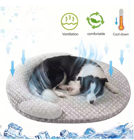 Cooling Pet Bed with Bolster Pillow – Breathable Ice Silk Washable Dog Bed with Non-Slip Bottom