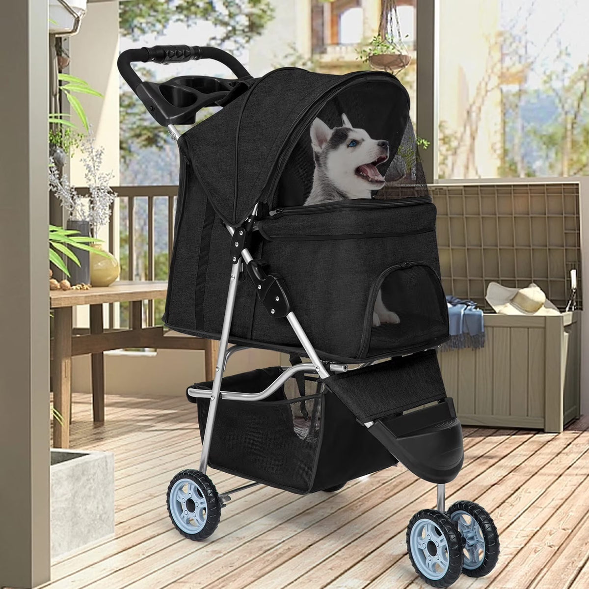 3-Wheel Foldable Pet Stroller for Small Dogs & Cats – Travel Stroller with Mesh Windows, Cup Holder & Storage Basket3 Wheels Pet Stroller Folding Dog Stroller Cat Stroller with Cup Holder & Storage Basket for Medium Small Dogs Cats, Black