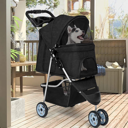 3-Wheel Foldable Pet Stroller for Small Dogs & Cats – Travel Stroller with Mesh Windows, Cup Holder & Storage Basket3 Wheels Pet Stroller Folding Dog Stroller Cat Stroller with Cup Holder & Storage Basket for Medium Small Dogs Cats, Black