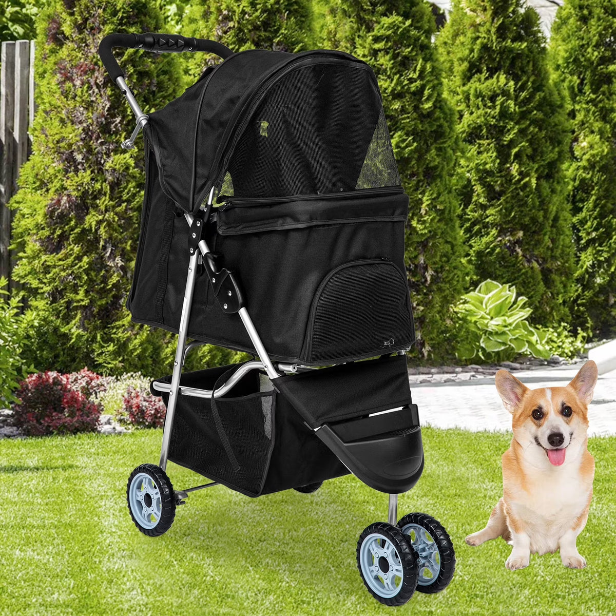 3-Wheel Foldable Pet Stroller for Small Dogs & Cats – Travel Stroller with Mesh Windows, Cup Holder & Storage Basket3 Wheels Pet Stroller Folding Dog Stroller Cat Stroller with Cup Holder & Storage Basket for Medium Small Dogs Cats, Black