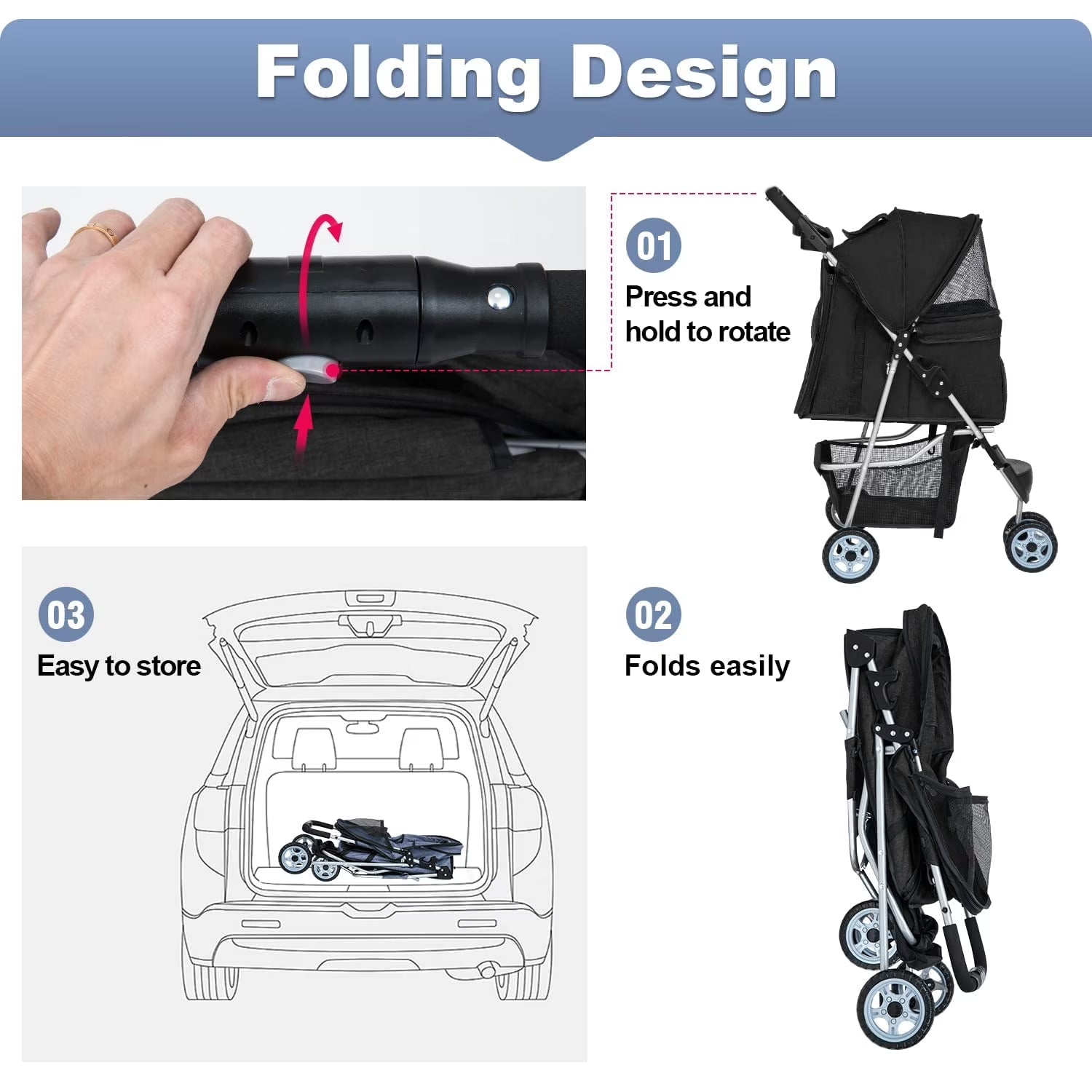 3-Wheel Foldable Pet Stroller for Small Dogs & Cats – Travel Stroller with Mesh Windows, Cup Holder & Storage Basket3 Wheels Pet Stroller Folding Dog Stroller Cat Stroller with Cup Holder & Storage Basket for Medium Small Dogs Cats, Black