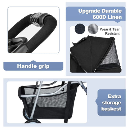 3-Wheel Foldable Pet Stroller for Small Dogs & Cats – Travel Stroller with Mesh Windows, Cup Holder & Storage Basket3 Wheels Pet Stroller Folding Dog Stroller Cat Stroller with Cup Holder & Storage Basket for Medium Small Dogs Cats, Black
