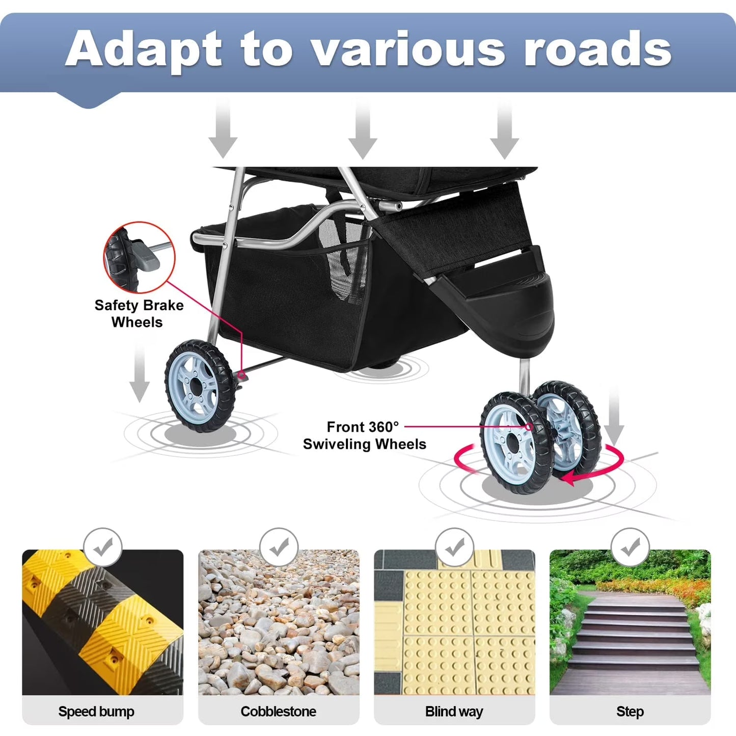 3-Wheel Foldable Pet Stroller for Small Dogs & Cats – Travel Stroller with Mesh Windows, Cup Holder & Storage Basket3 Wheels Pet Stroller Folding Dog Stroller Cat Stroller with Cup Holder & Storage Basket for Medium Small Dogs Cats, Black