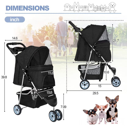 3-Wheel Foldable Pet Stroller for Small Dogs & Cats – Travel Stroller with Mesh Windows, Cup Holder & Storage Basket3 Wheels Pet Stroller Folding Dog Stroller Cat Stroller with Cup Holder & Storage Basket for Medium Small Dogs Cats, Black