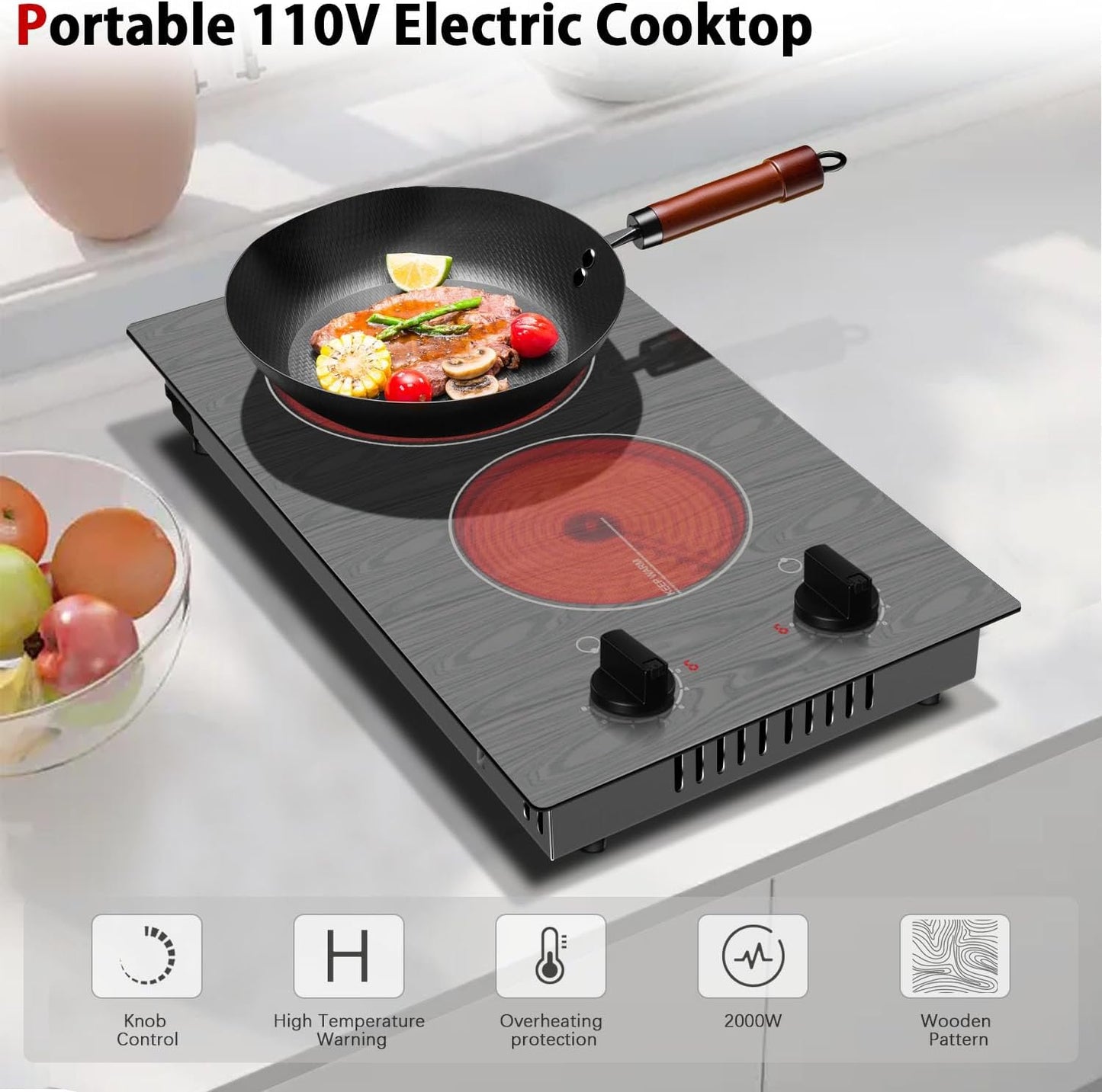 Portable Electric Stove, 2 Burner 110V Cooktop with Glass Top