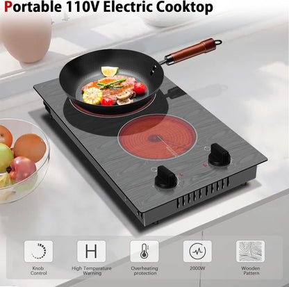 Portable Electric Stove, 2 Burner 110V Cooktop with Glass Top
