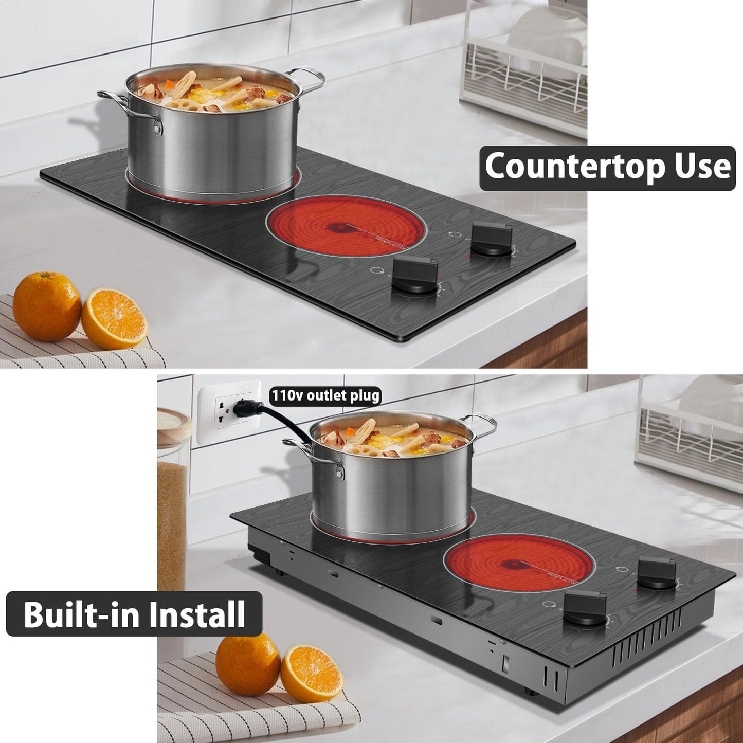 Portable Electric Stove, 2 Burner 110V Cooktop with Glass Top