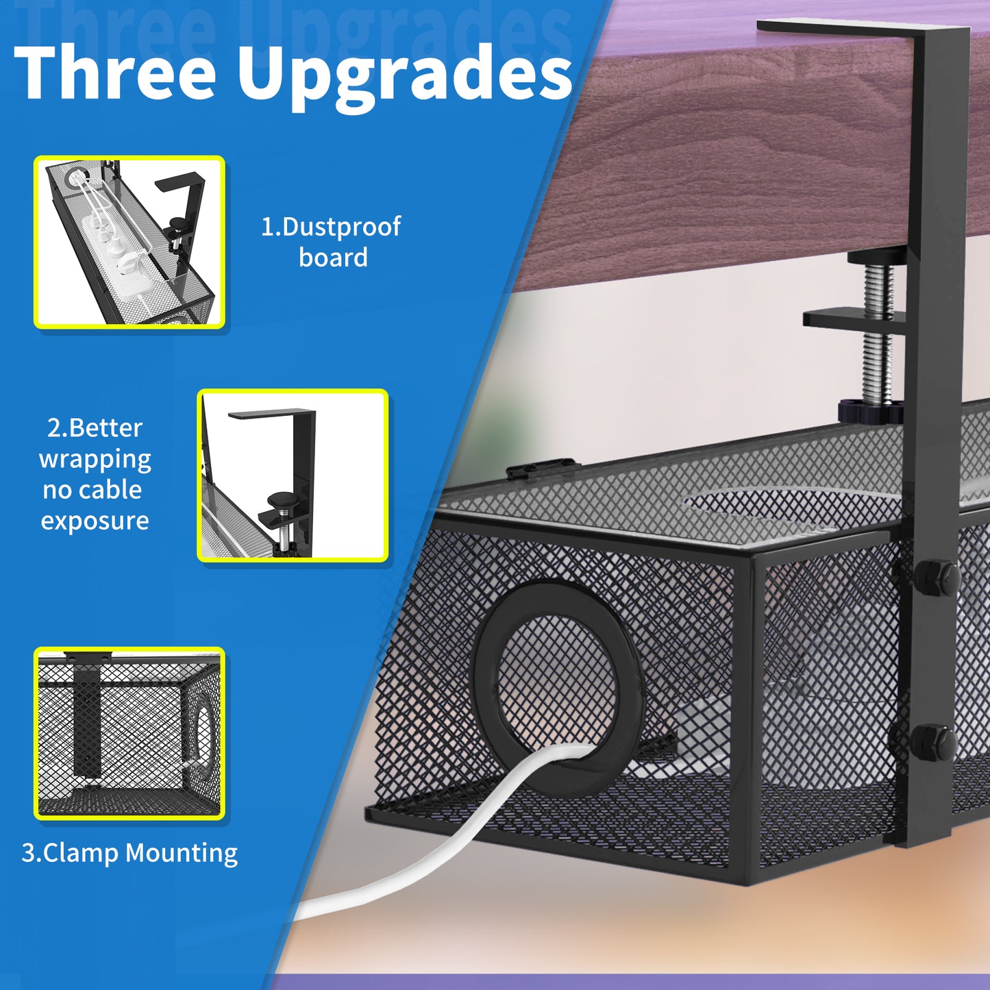 Under Desk Tray BLACK - Wire & Cord Organizer, Clamp Mount