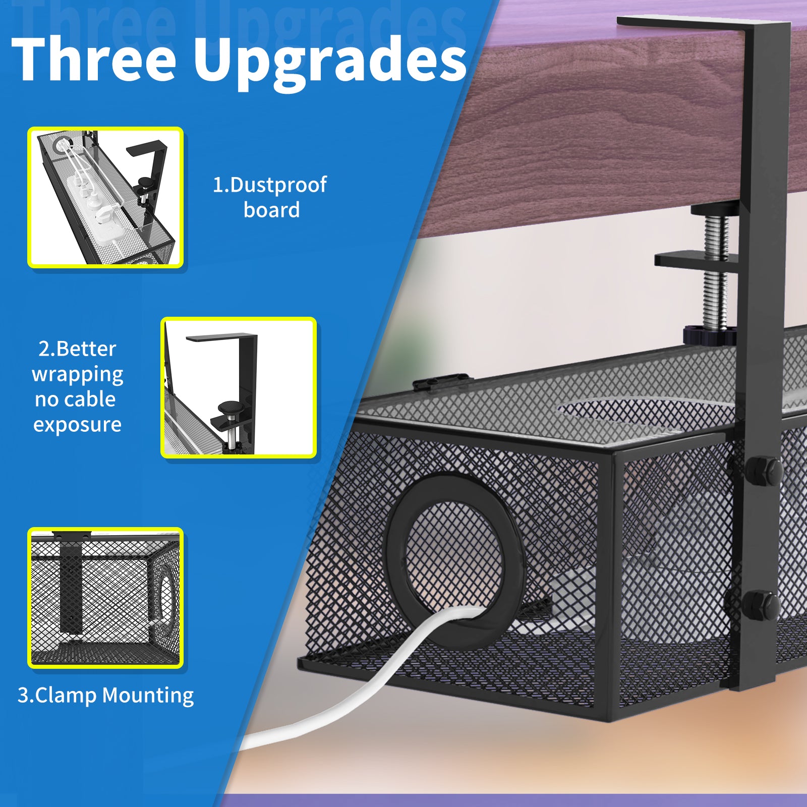 Under Desk Tray BLACK - Wire & Cord Organizer, Clamp Mount