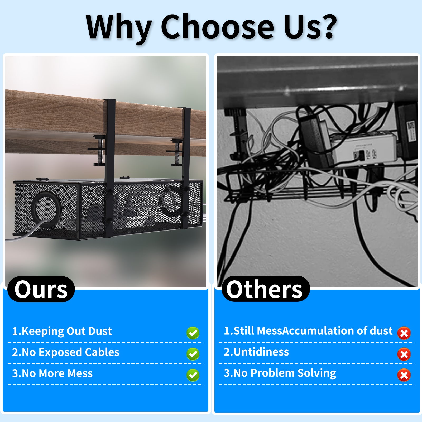 Under Desk Tray BLACK - Wire & Cord Organizer, Clamp Mount