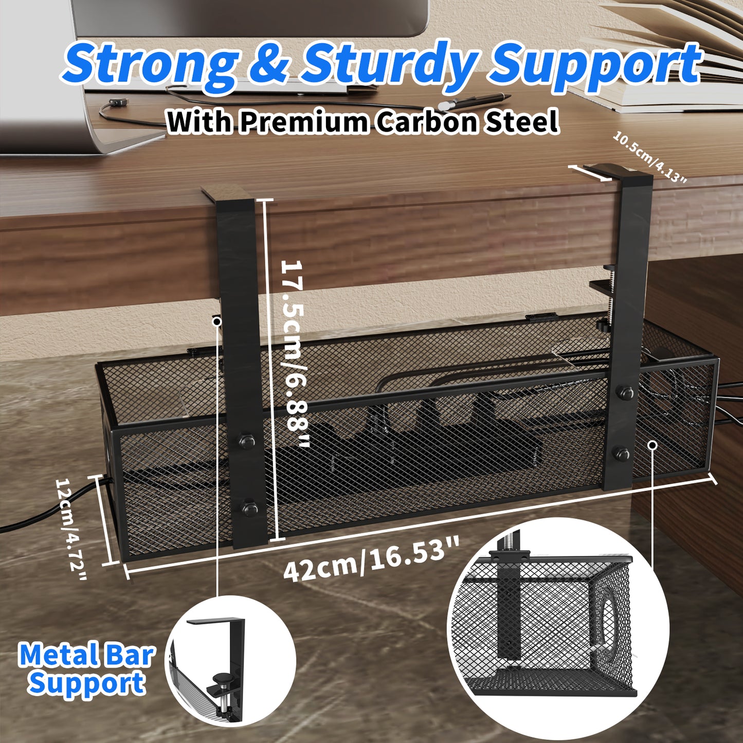 Under Desk Tray BLACK - Wire & Cord Organizer, Clamp Mount