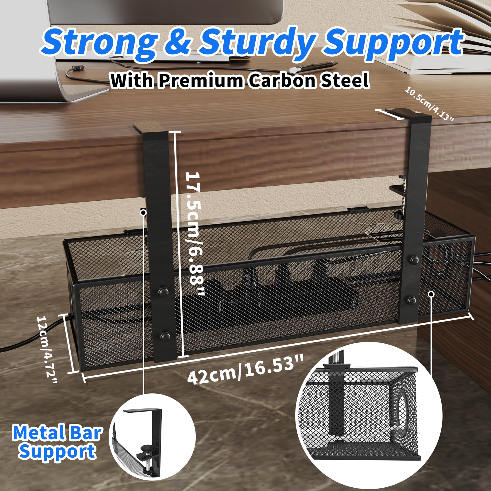 Under Desk Tray BLACK - Wire & Cord Organizer, Clamp Mount