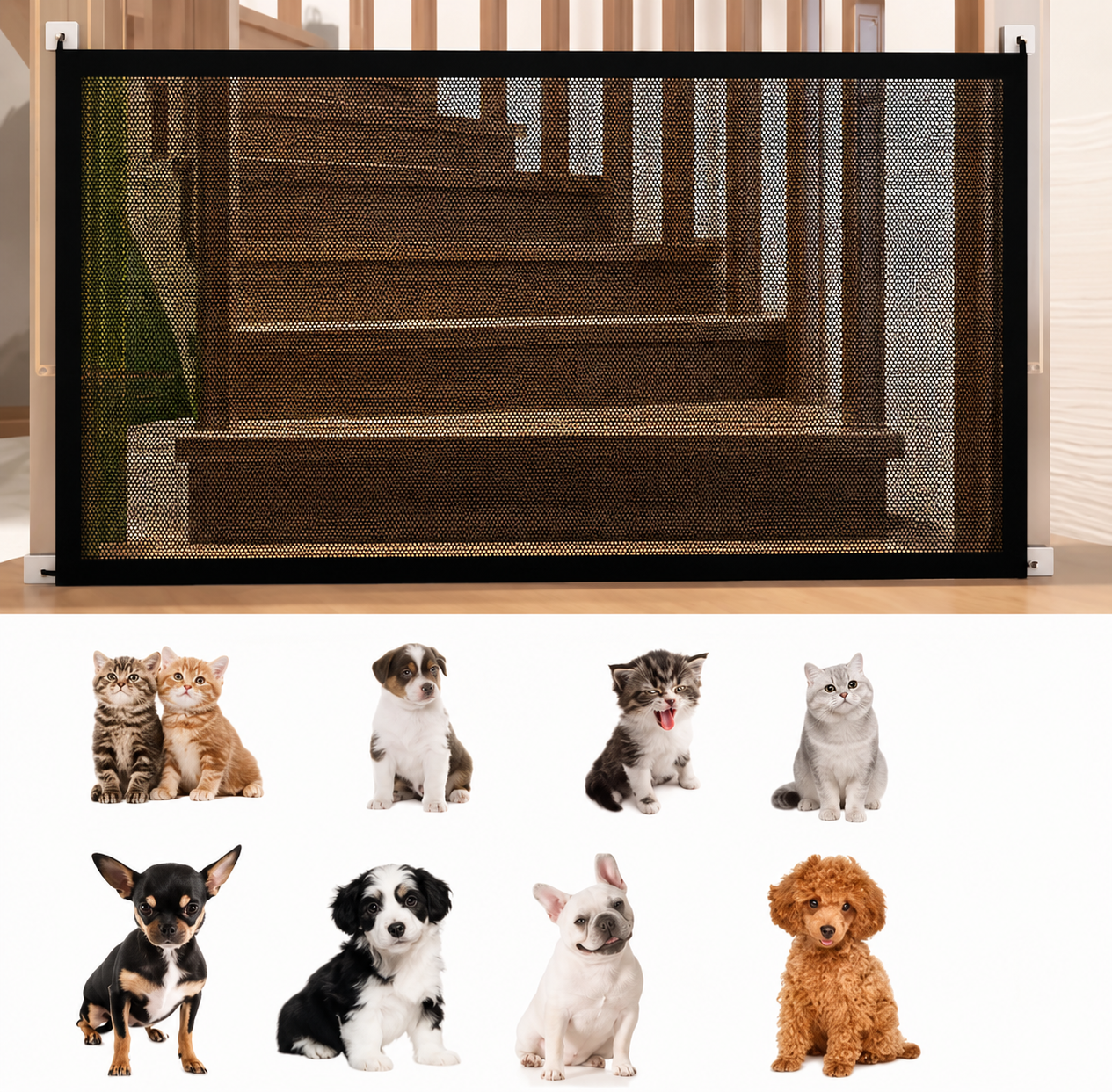 Small Pet Safety Gate – Retractable Mesh Dog & Cat Stairway Barrier for Pets Under 20 lbs