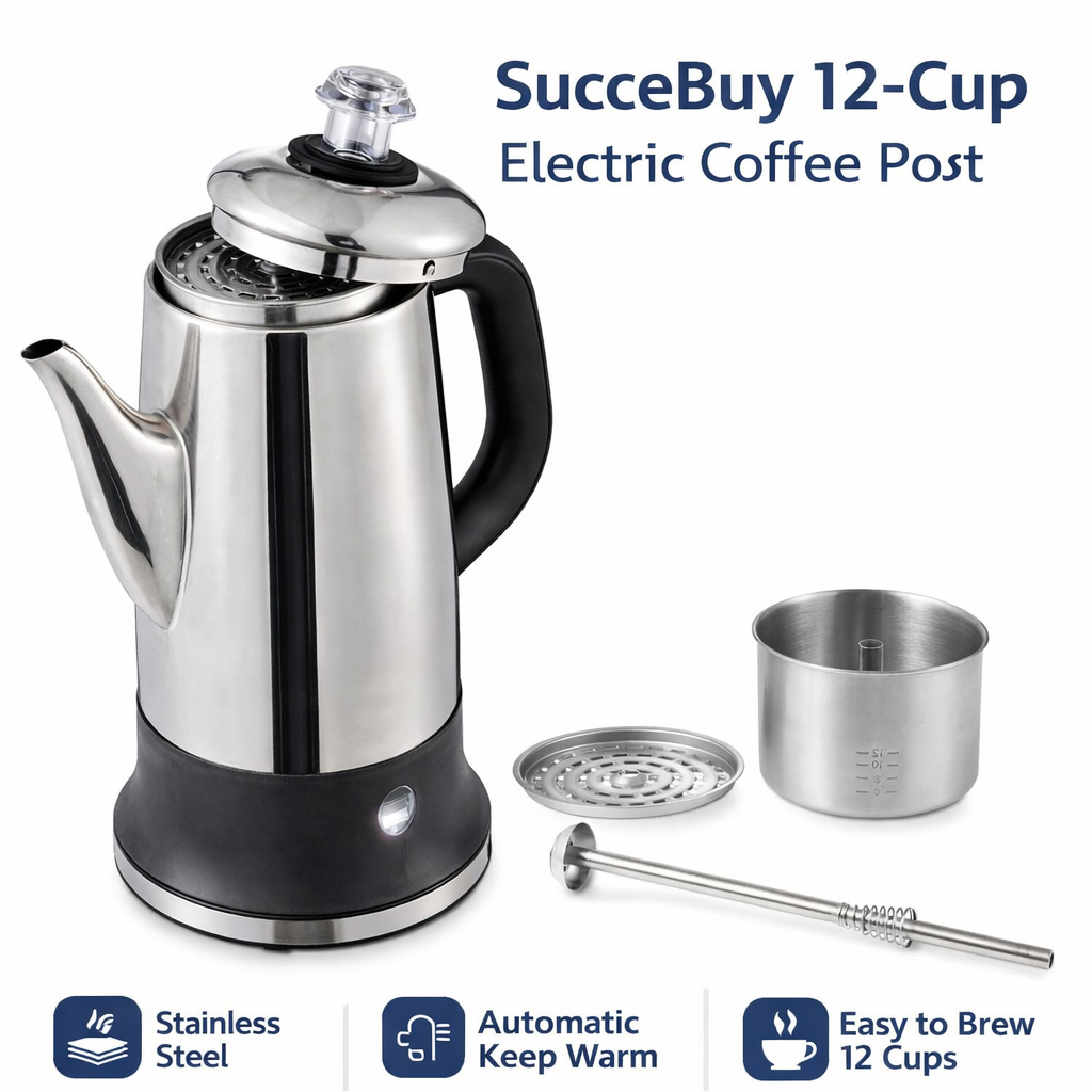 SucceBuy 12-Cup Electric Coffee Percolator – Stainless Steel Coffee Maker with Automatic Keep Warm
