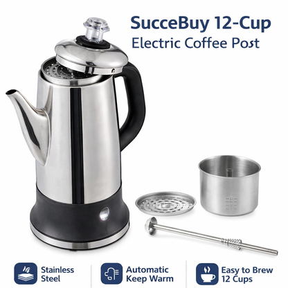 SucceBuy 12-Cup Electric Coffee Percolator – Stainless Steel Coffee Maker with Automatic Keep Warm