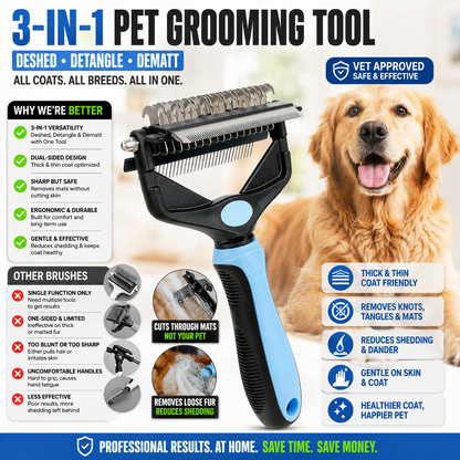 3-in-1 Dog Grooming Brush | Deshedding Tool, Dematting Comb & Knot Cutter