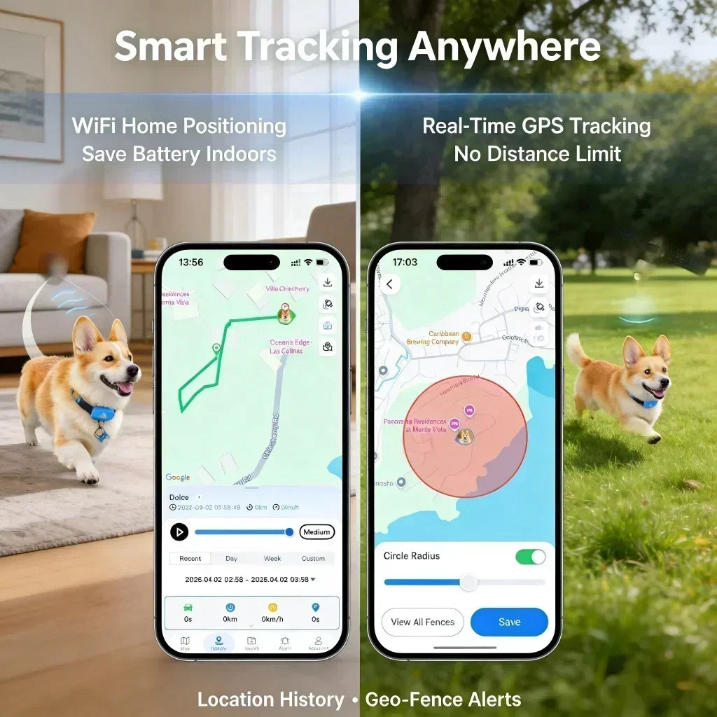Waterproof GPS pet tracker collar on dog