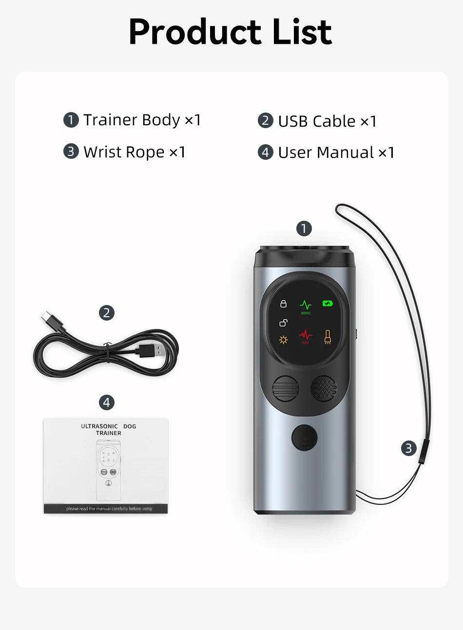 Ultrasonic Dog Repeller & Training Device – Rechargeable Anti-Bark Deterrent with Flashlight