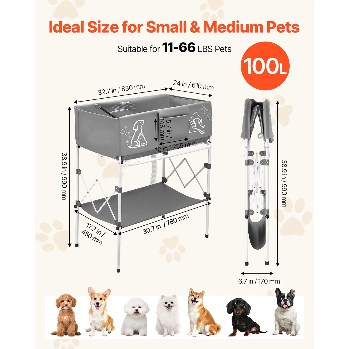Elevated Folding Dog Bath Tub with Drain Hose – Raised Pet Washing Station for Small & Medium Dogs