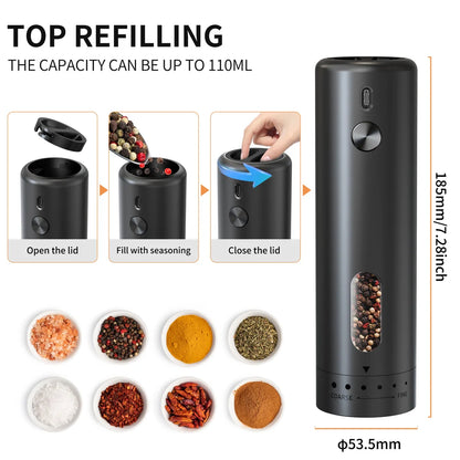 Electric Salt & Pepper Grinder - Rechargeable, Automatic, Adjustable