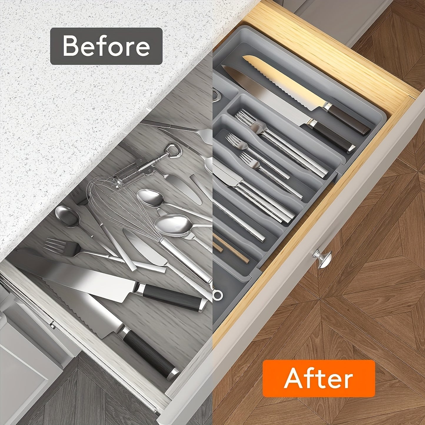 Adjustable Flatware Organizer with Dividers - Expandable Tray