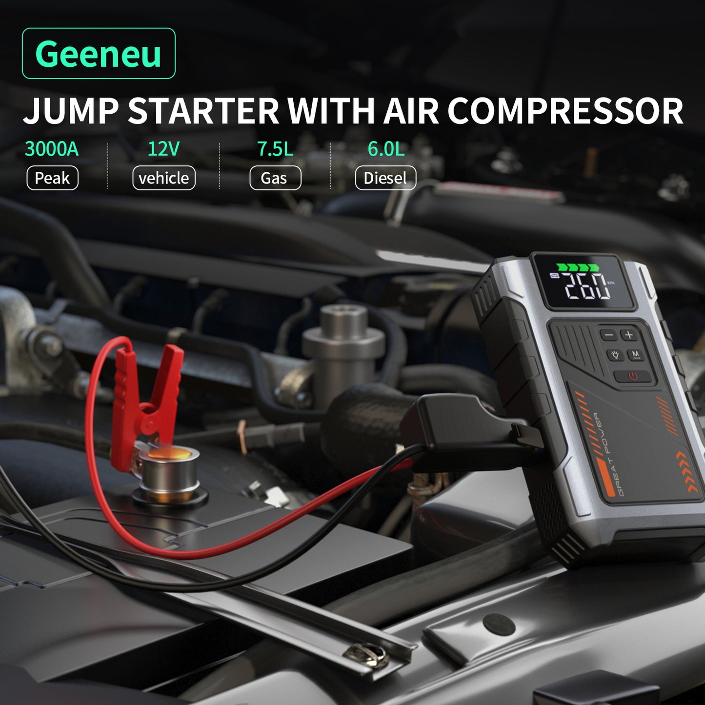 Portable Car Jump Starter 3000A with Air Compressor & LED