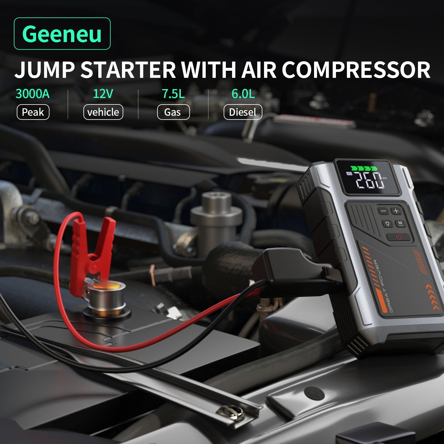 Portable Car Jump Starter 3000A with Air Compressor & LED