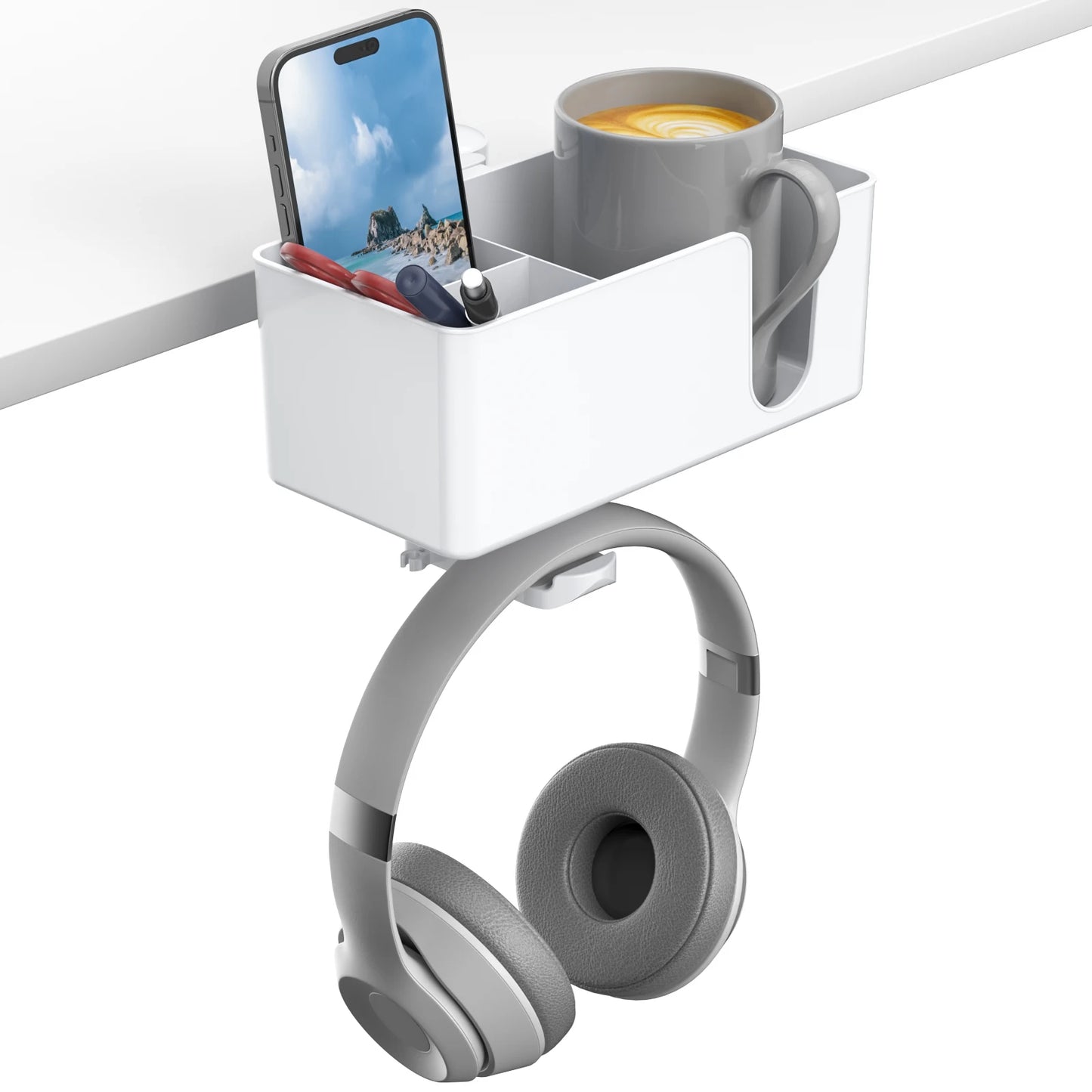 Clamp-On Desk Storage: Rotating Headphone & Cup Holder