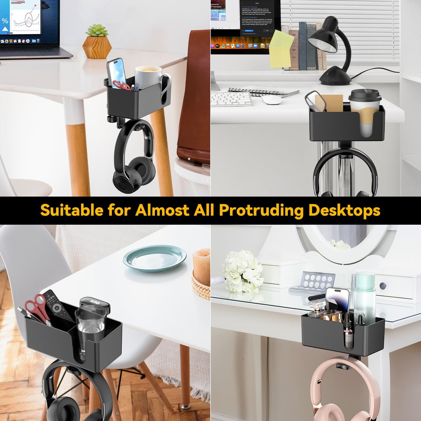 Clamp-On Desk Storage: Rotating Headphone & Cup Holder