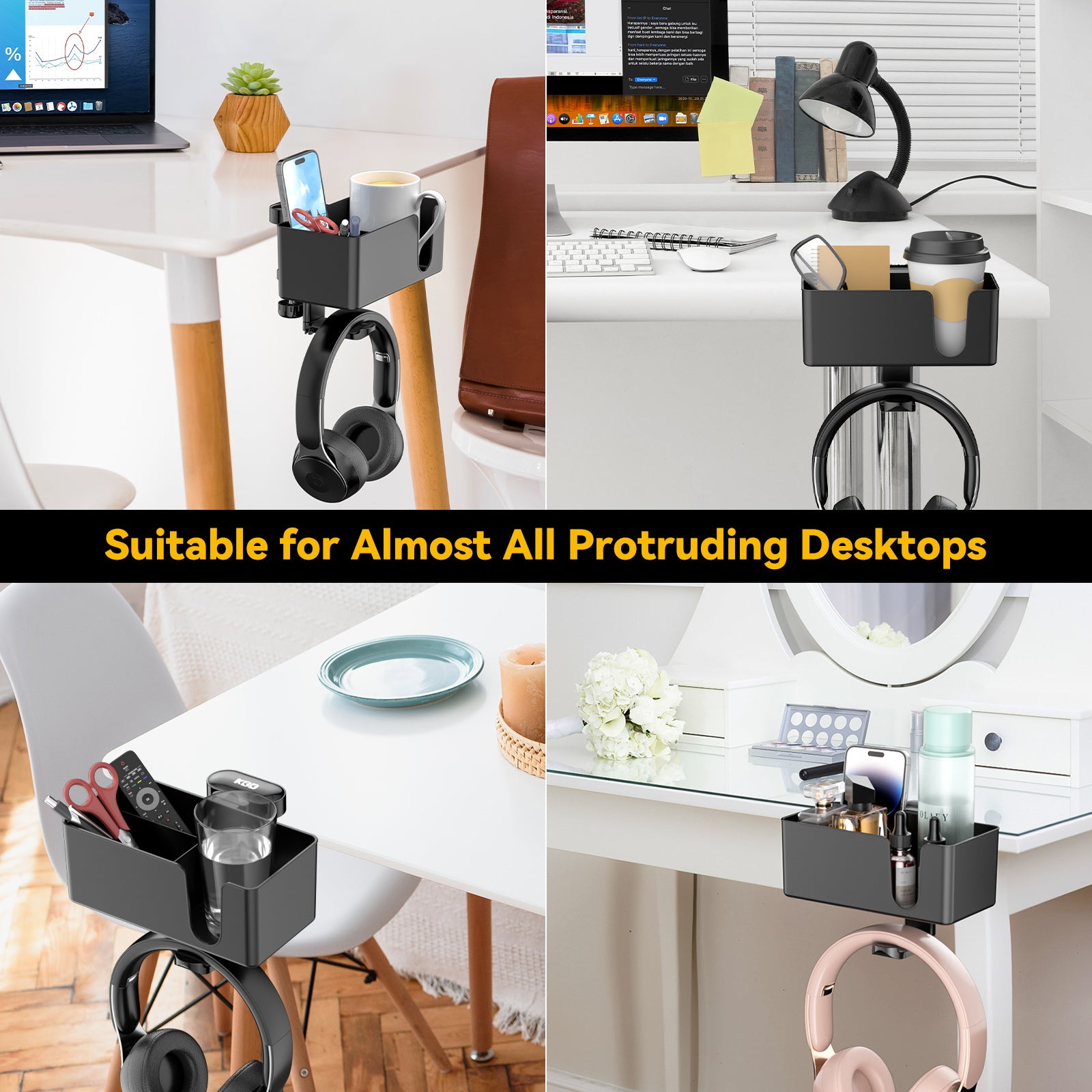 Clamp-On Desk Storage: Rotating Headphone & Cup Holder