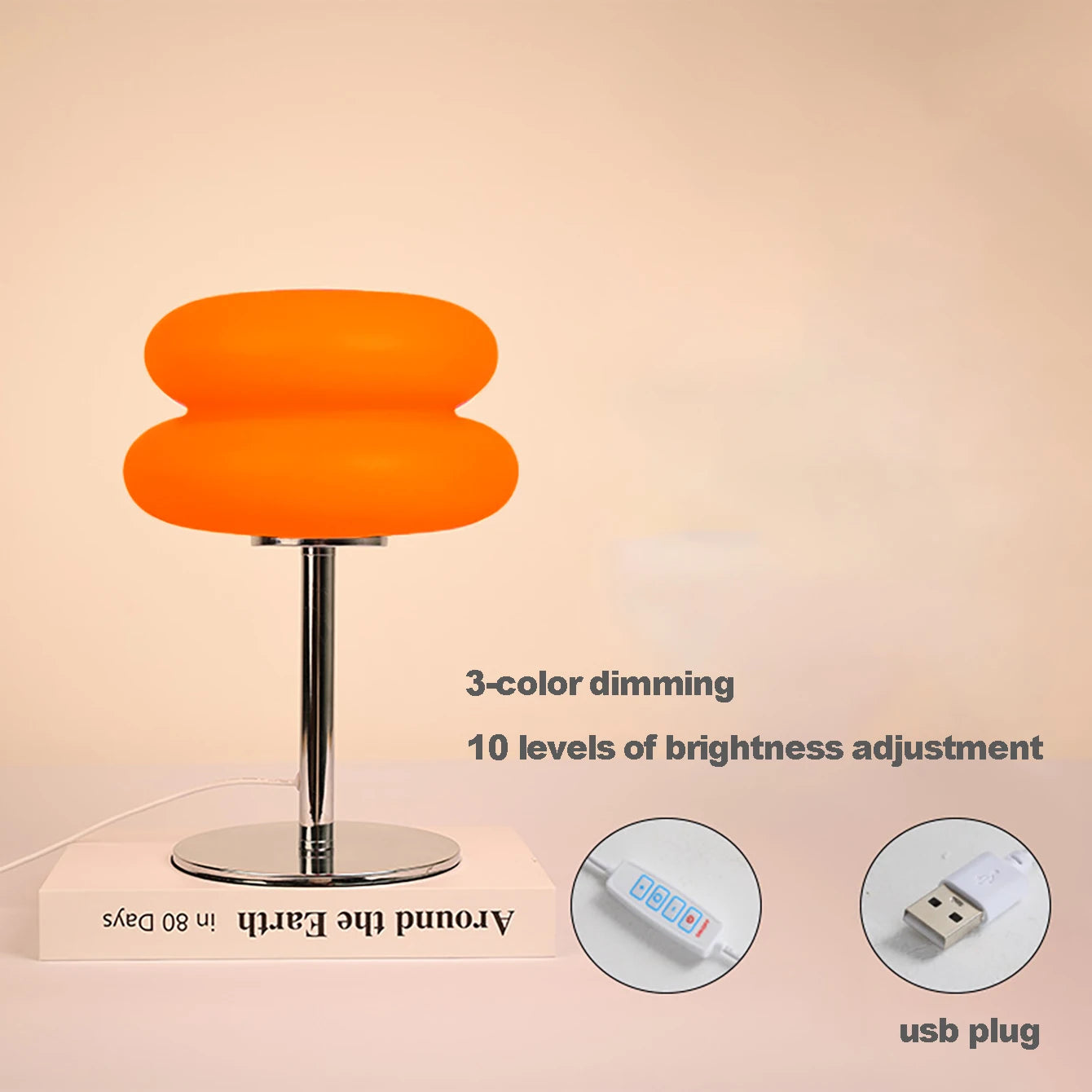 Mushroom LED Bedside Lamp - USB Plug, 9-Level Dimming