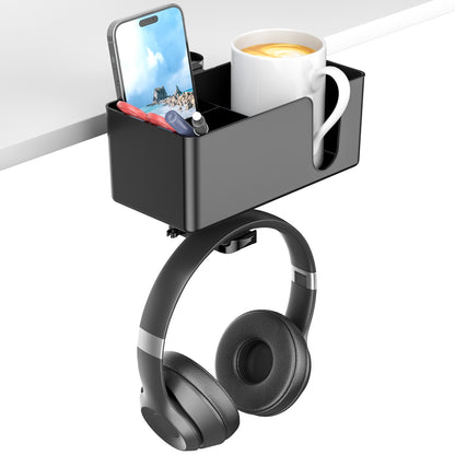 Clamp-On Desk Storage: Rotating Headphone & Cup Holder