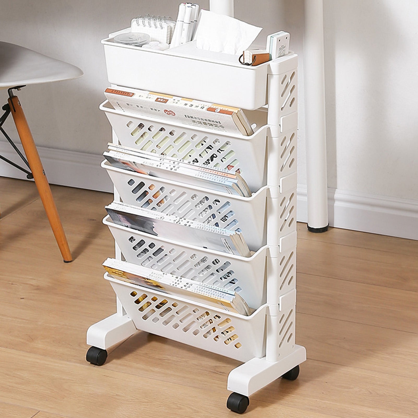 Movable Bookshelf 5-Tier Rotatable Storage Rack