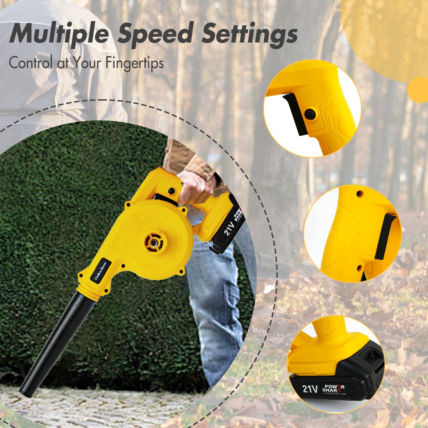 Portable 21V Leaf Blower - High Power, Multi-Speed, 2.0Ah Battery