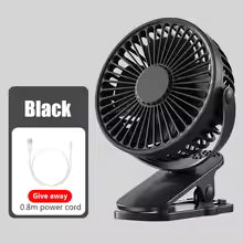 Black clip-on fan with power cord label on a gray background