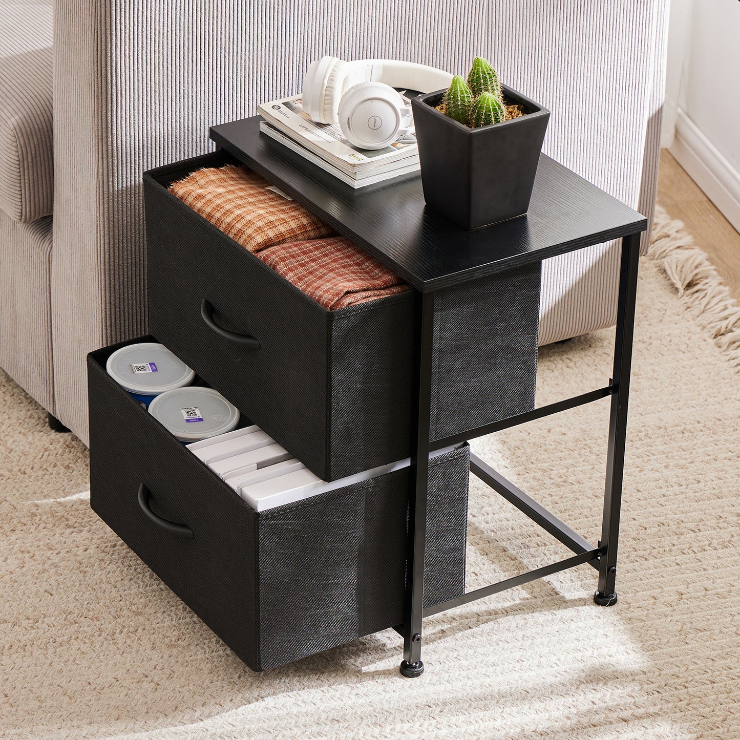 Bedroom Nightstand: Coffee Table with 2 Fabric Drawers