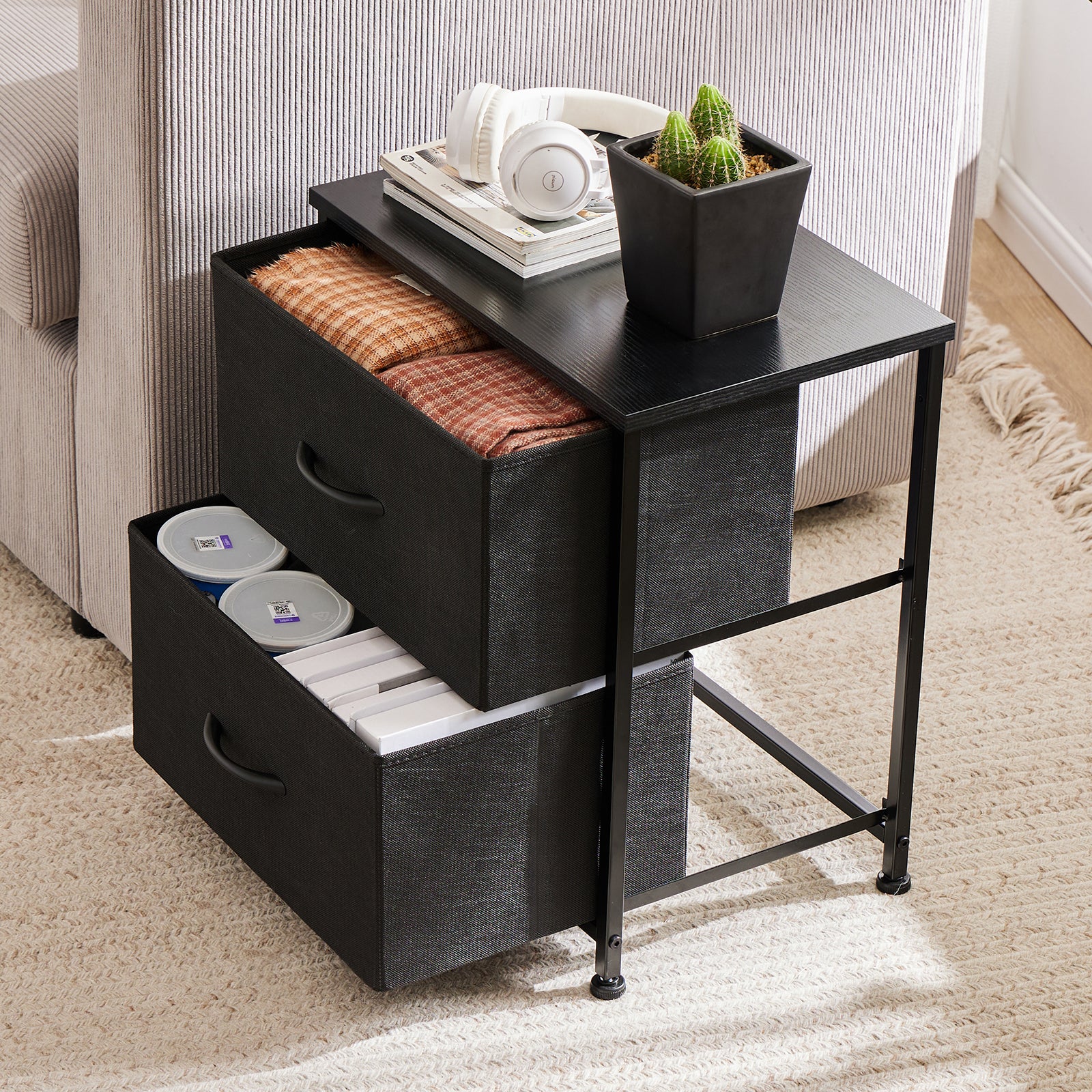 Bedroom Nightstand: Coffee Table with 2 Fabric Drawers
