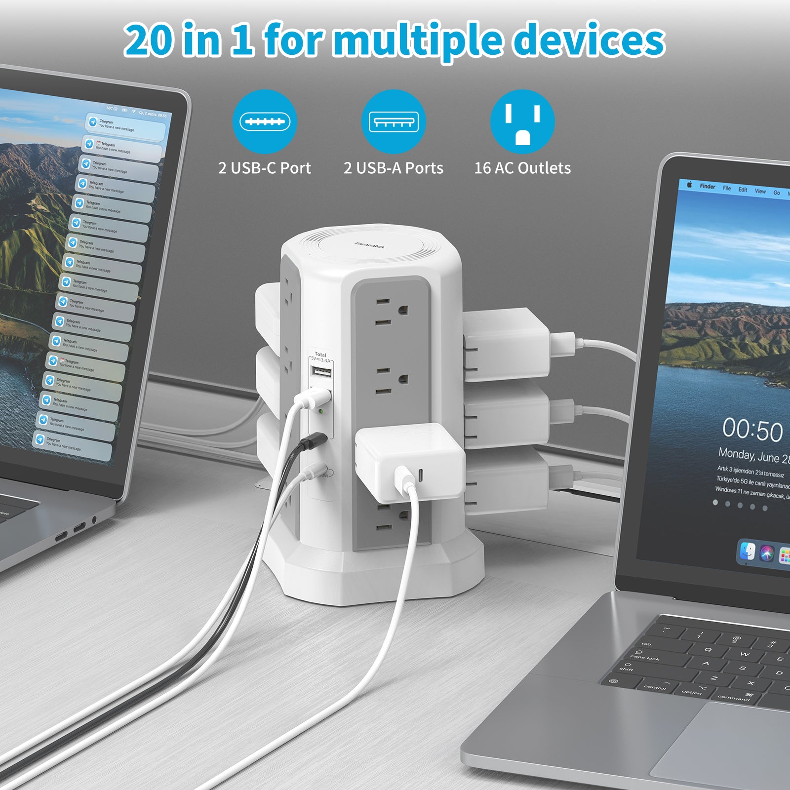 3m Extension Tower Plug, US 4-Layer with PD Fast Charging