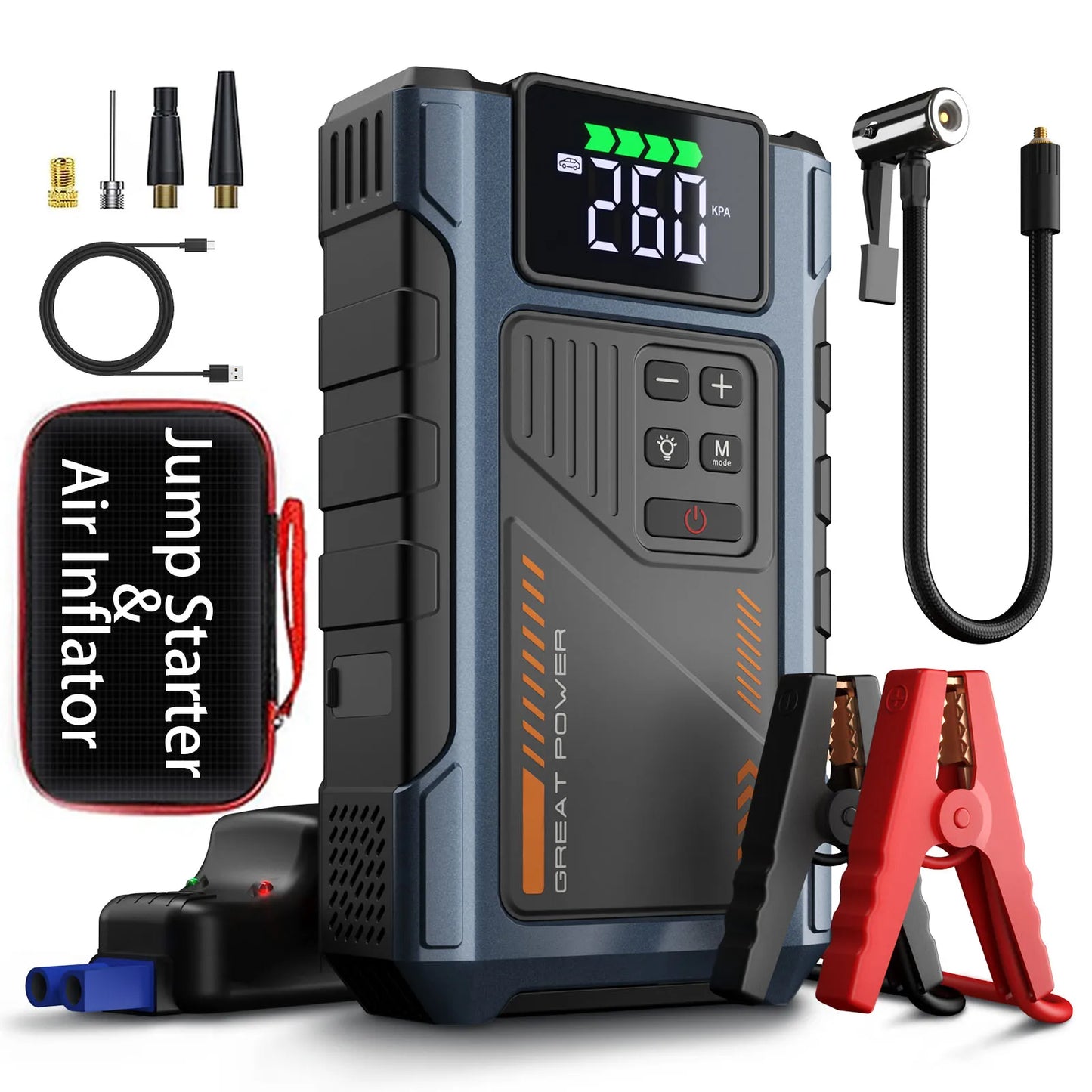 Portable Car Jump Starter 3000A with Air Compressor & LED
