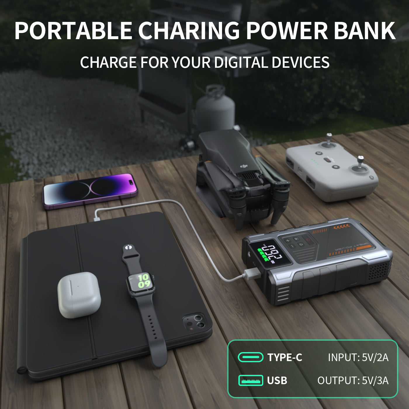 Portable Car Jump Starter 3000A with Air Compressor & LED